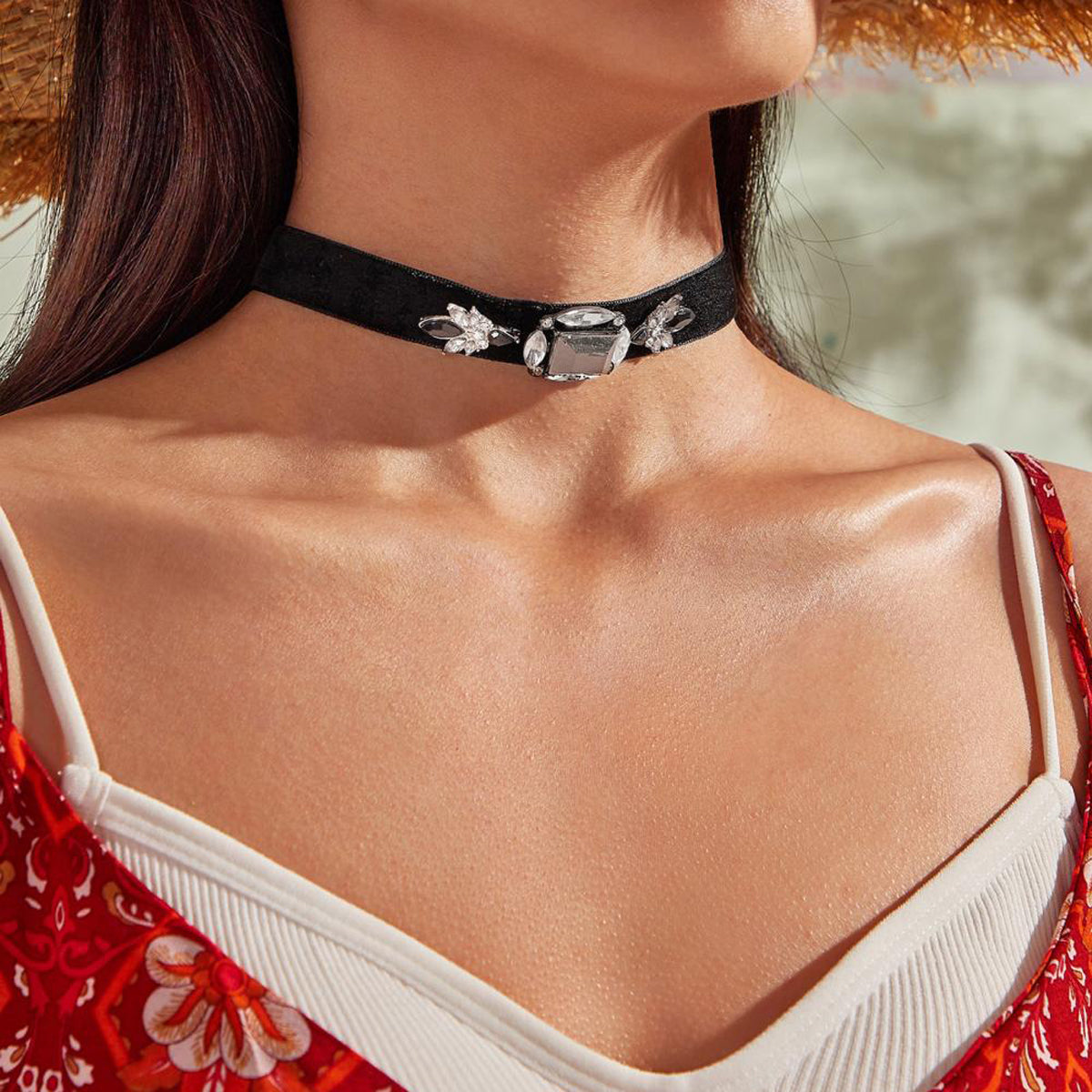 Retro Jewellery 90s Rhinestone Black Velvet Short Tattoo Choker Grunge Necklace-0