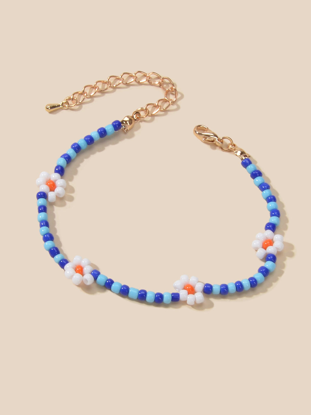 Ethnic Chic Handmade Blue Seed Beads White Flower Friendship Collection Bracelet-0