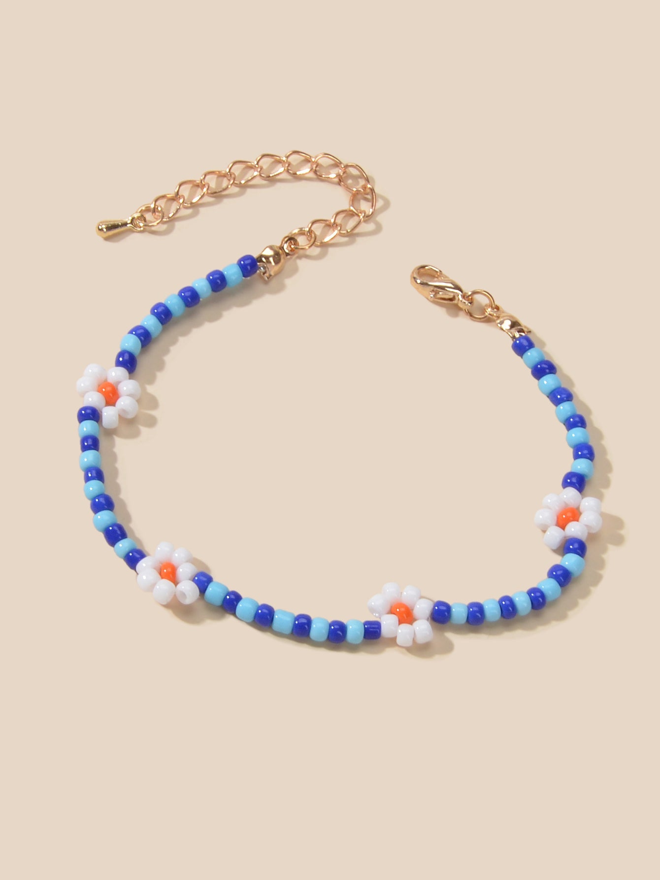 Ethnic Chic Handmade Blue Seed Beads White Flower Friendship Collection Bracelet-0