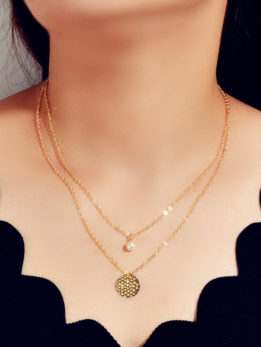 Female Layered Gold Chain Pearl Round Disc Pendant Necklace Party Accessories-0