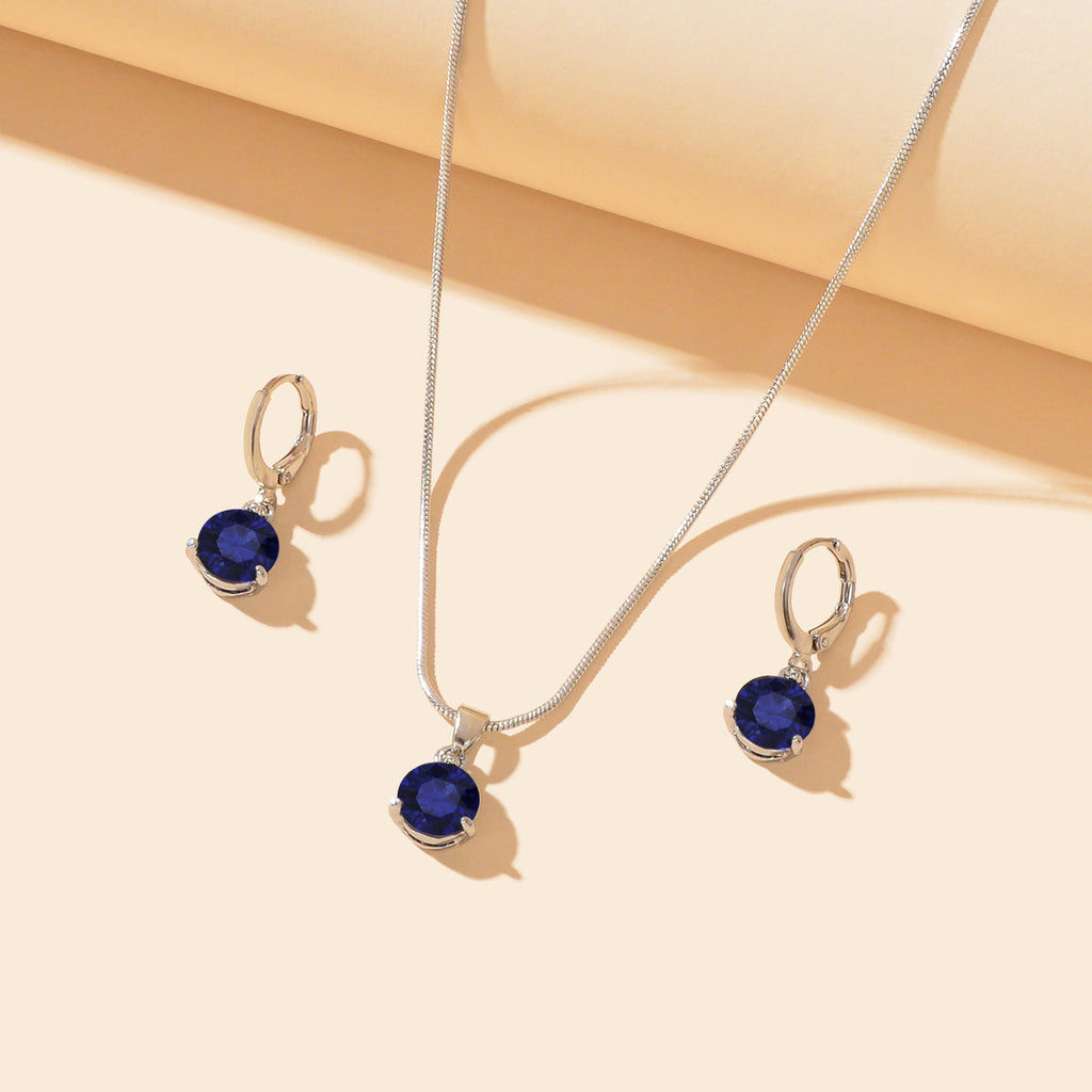 Round Navey Blue Imitation Gem Pendant Necklace Huggie Earrings Jewellery Set-0