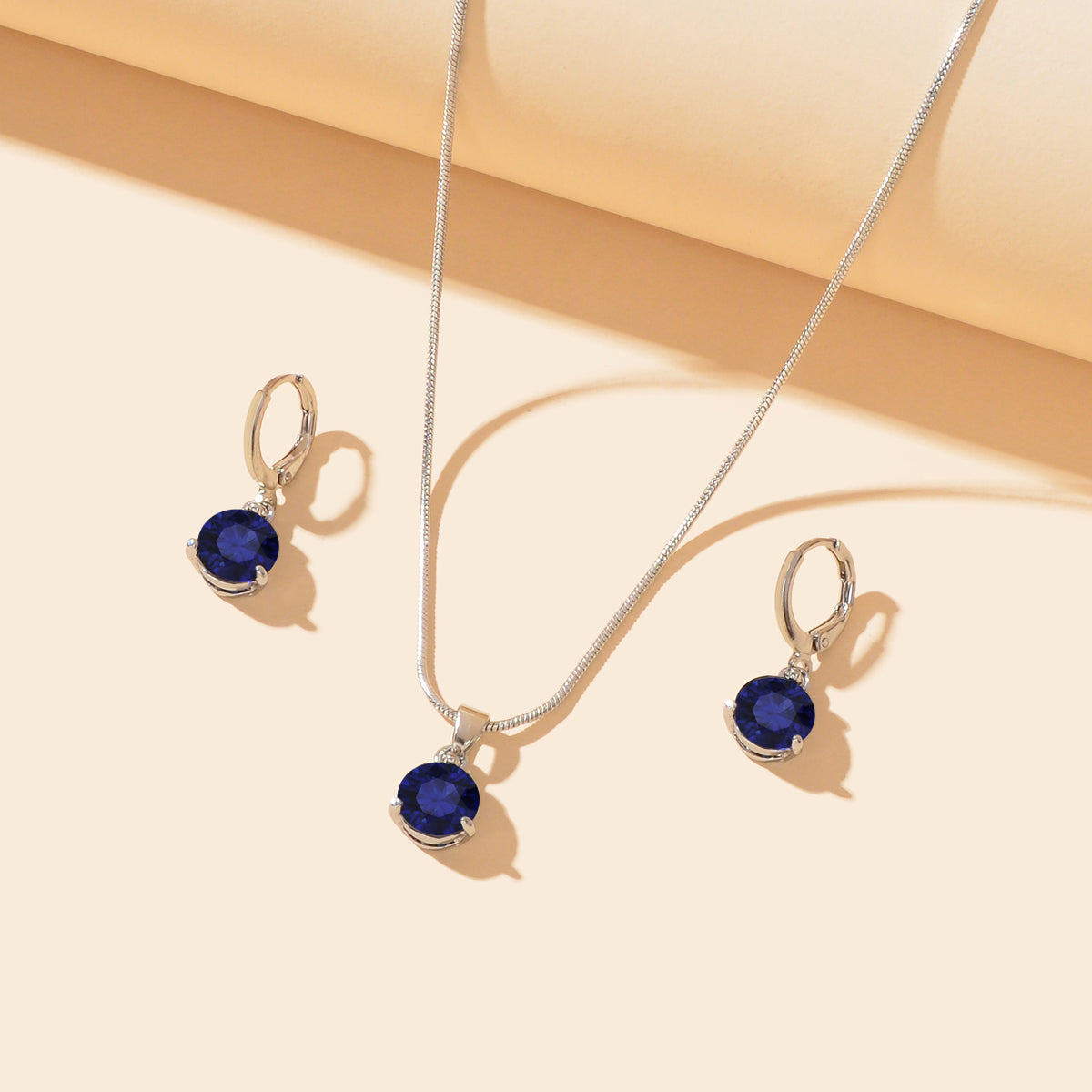 Round Navey Blue Imitation Gem Pendant Necklace Huggie Earrings Jewellery Set-0