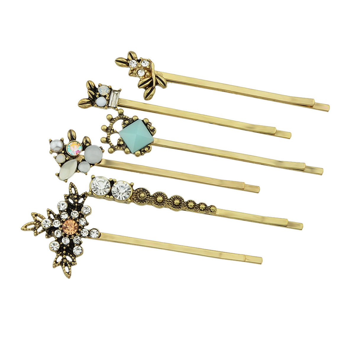 6 pcs Hair Accessories Ethnic Antique Gold Rhinestone Leaf Barrettes Hair Clips-0