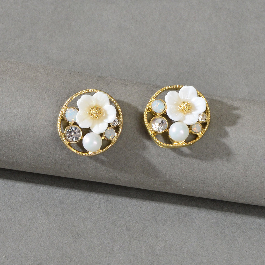 Elegant White Flower Rhinestone Decoration Hollow Round Pierced Stud Earrings-0