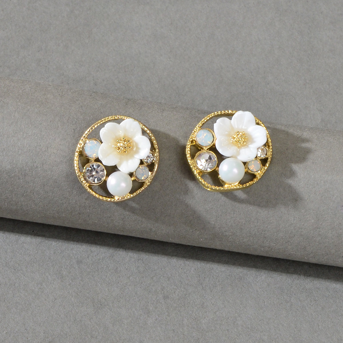 Elegant White Flower Rhinestone Decoration Hollow Round Pierced Stud Earrings-0