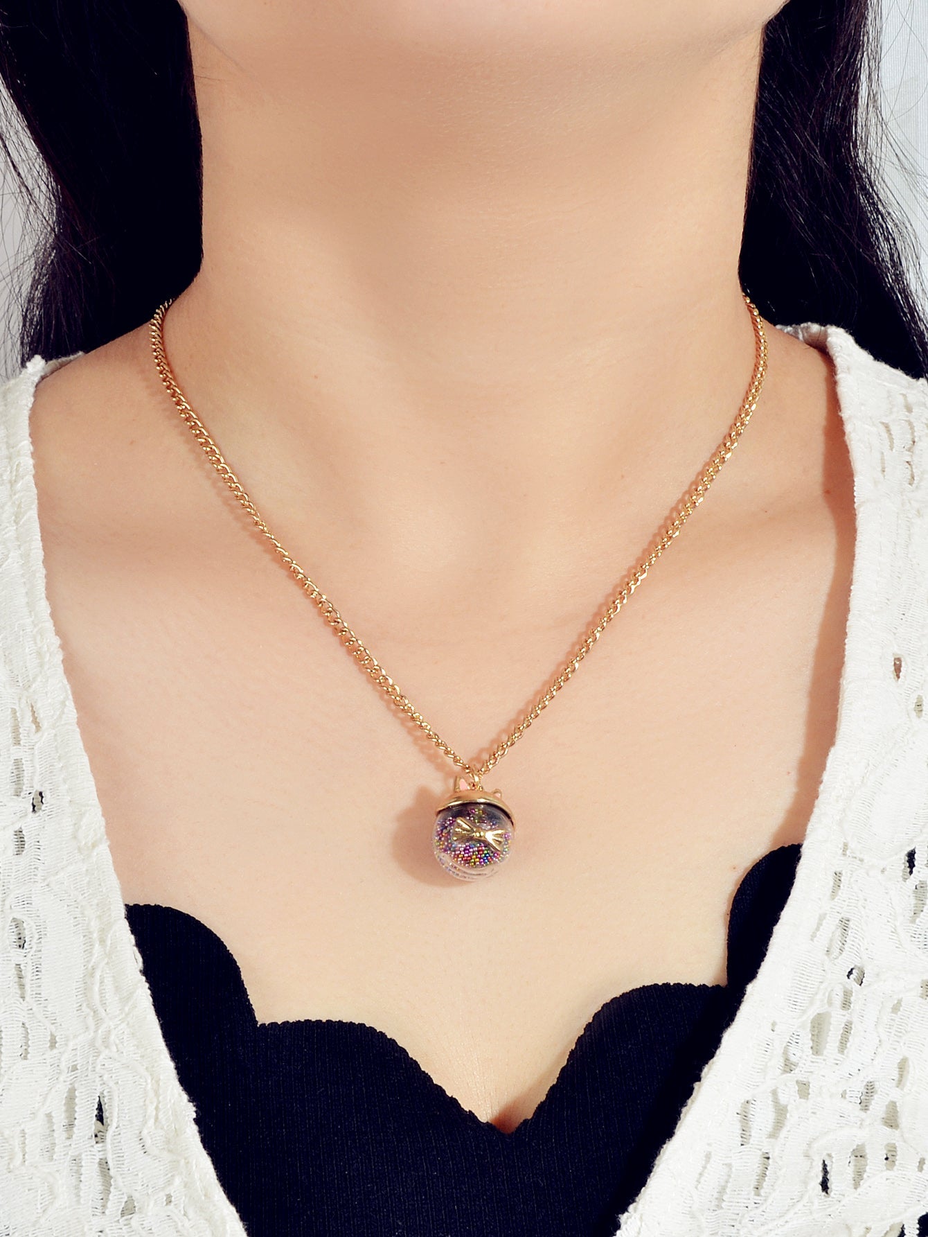 Lovely Gold Chain Colorful Beads Cat Ball Pendant Necklace Dainty Gift for Women-0