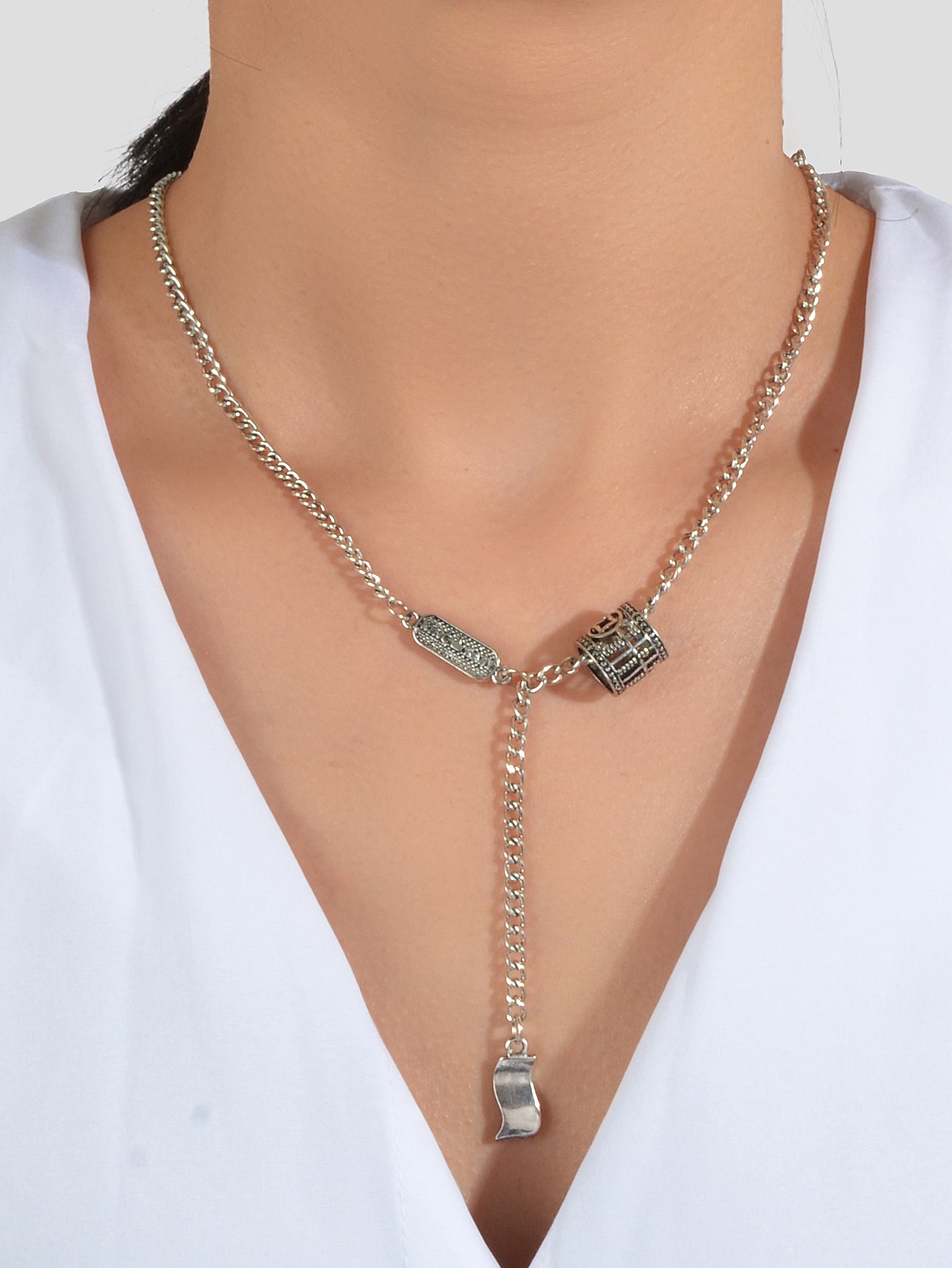 Vintage Designer Stylish Jewelry Antique Silver Carved Circle Y Pendant Necklace-0