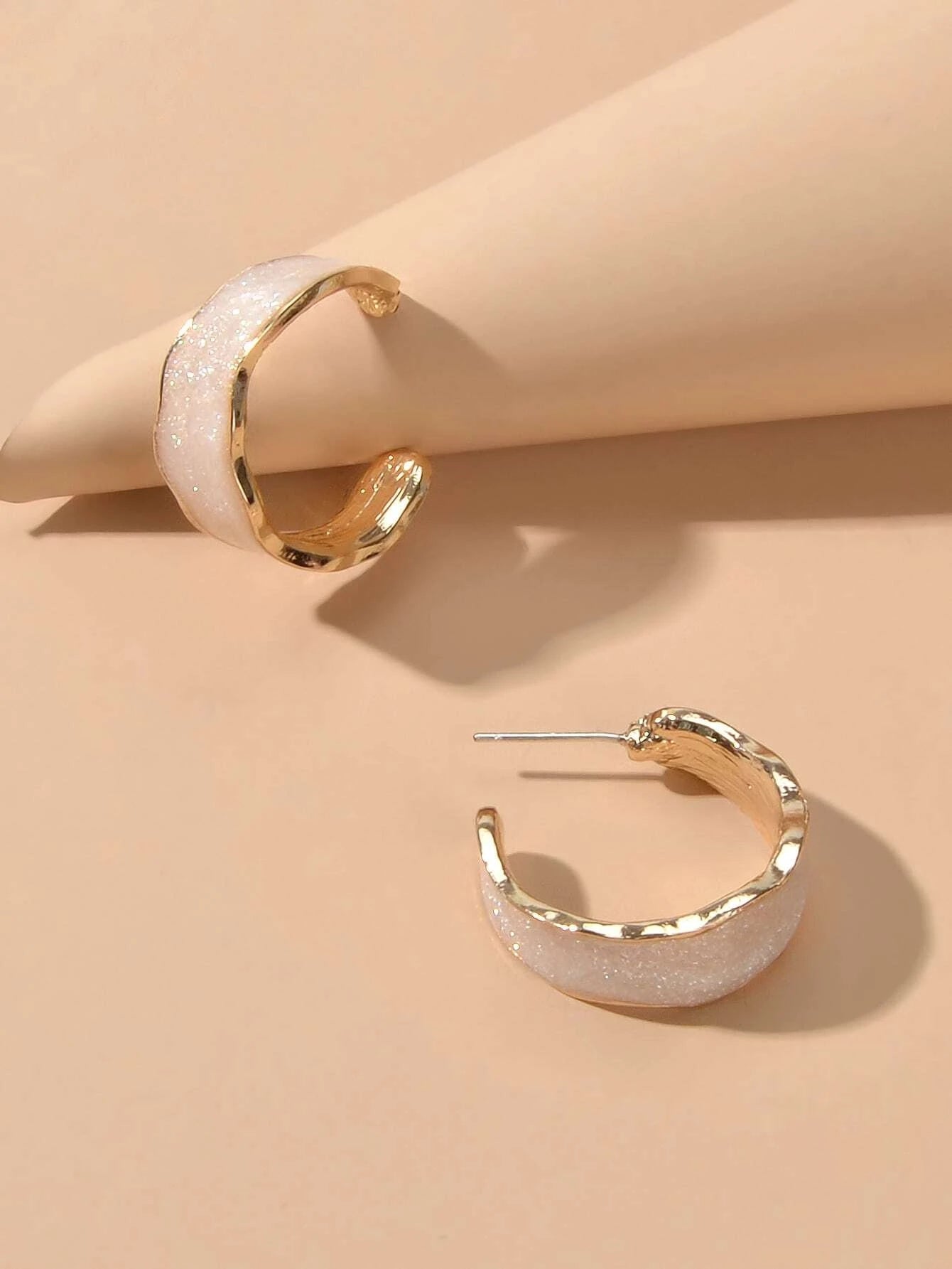 Pink Enamel Circle Shining Hoop Earrings C Shape Stud Teens Textured Jewellery-0