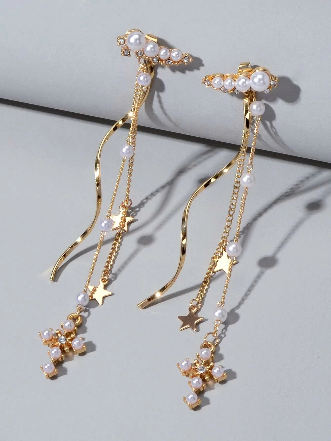 Rhinestone Pearl Gold Star Cross Charm Earrings Ear Jacket Tassel Stud Teen Gift-1
