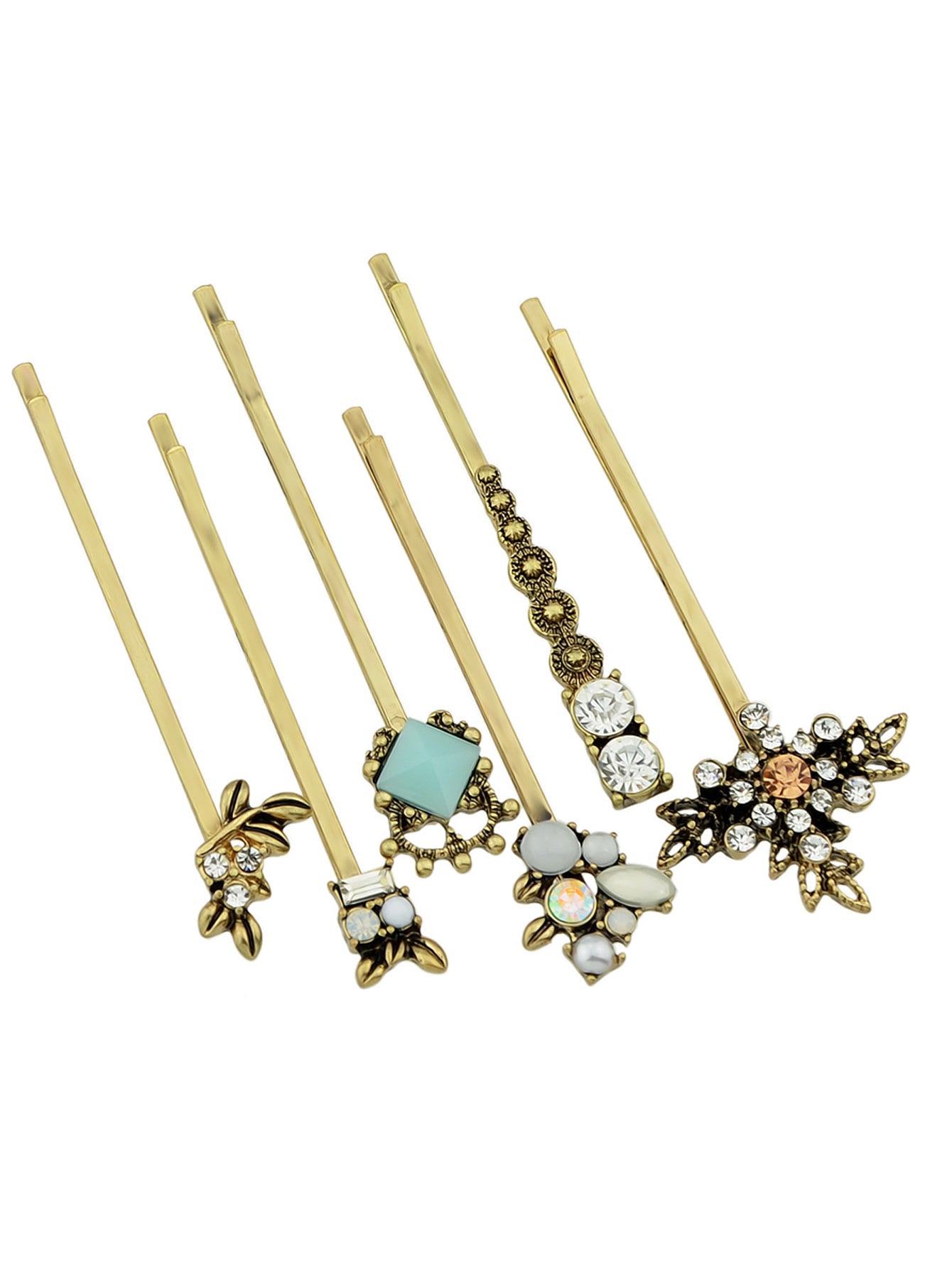 6 pcs Hair Accessories Ethnic Antique Gold Rhinestone Leaf Barrettes Hair Clips-1