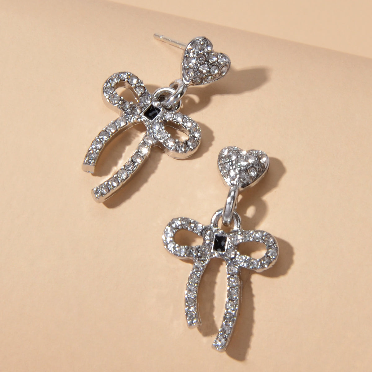 Luxury Full Rhinestone Silver Heart Bowknot Dangle Earrings Engagement Jewellery-1