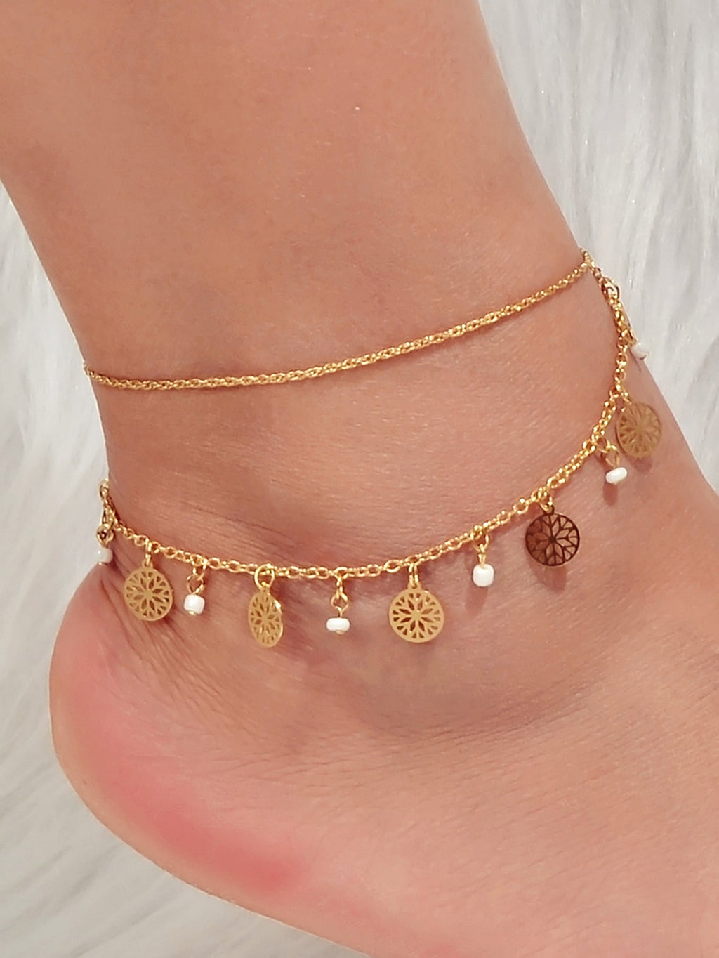 AU Stock Foot Beach Jewellery Doublelayer Chain Beads Disc Charm Anklet Bracelet-0