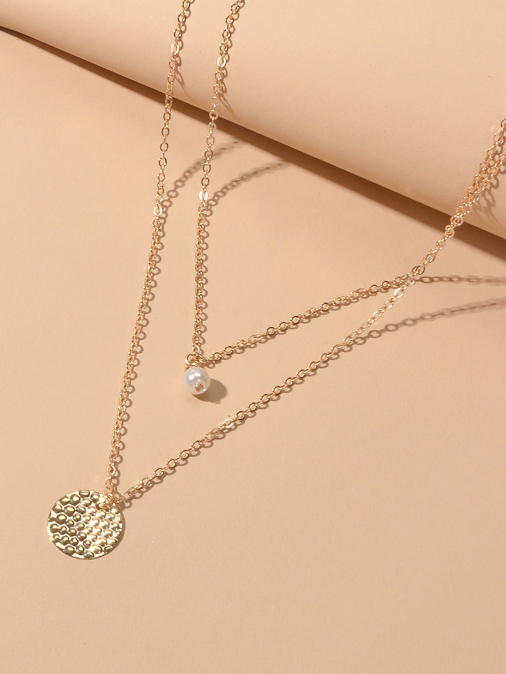 Female Layered Gold Chain Pearl Round Disc Pendant Necklace Party Accessories-1