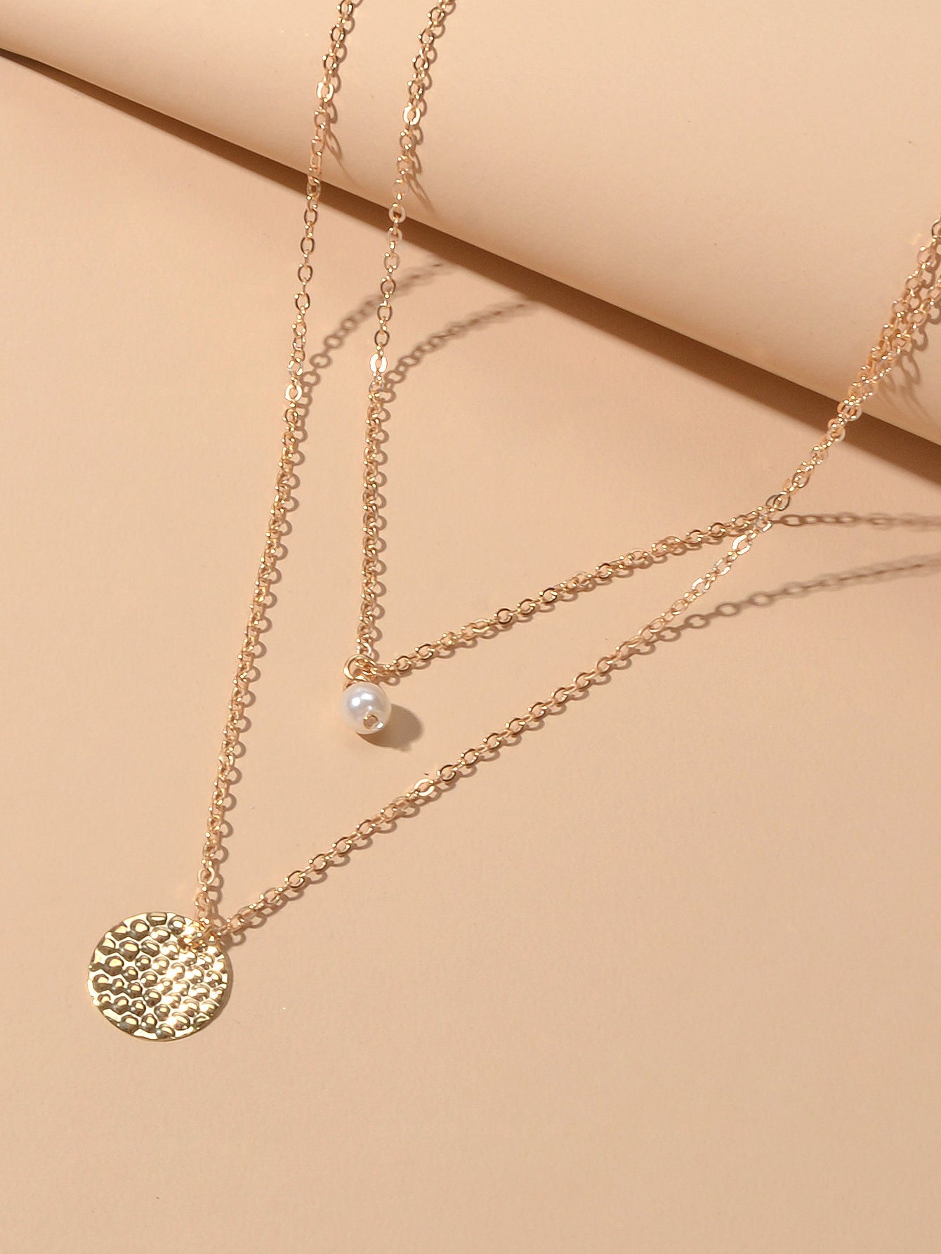 Female Layered Gold Chain Pearl Round Disc Pendant Necklace Party Accessories-1