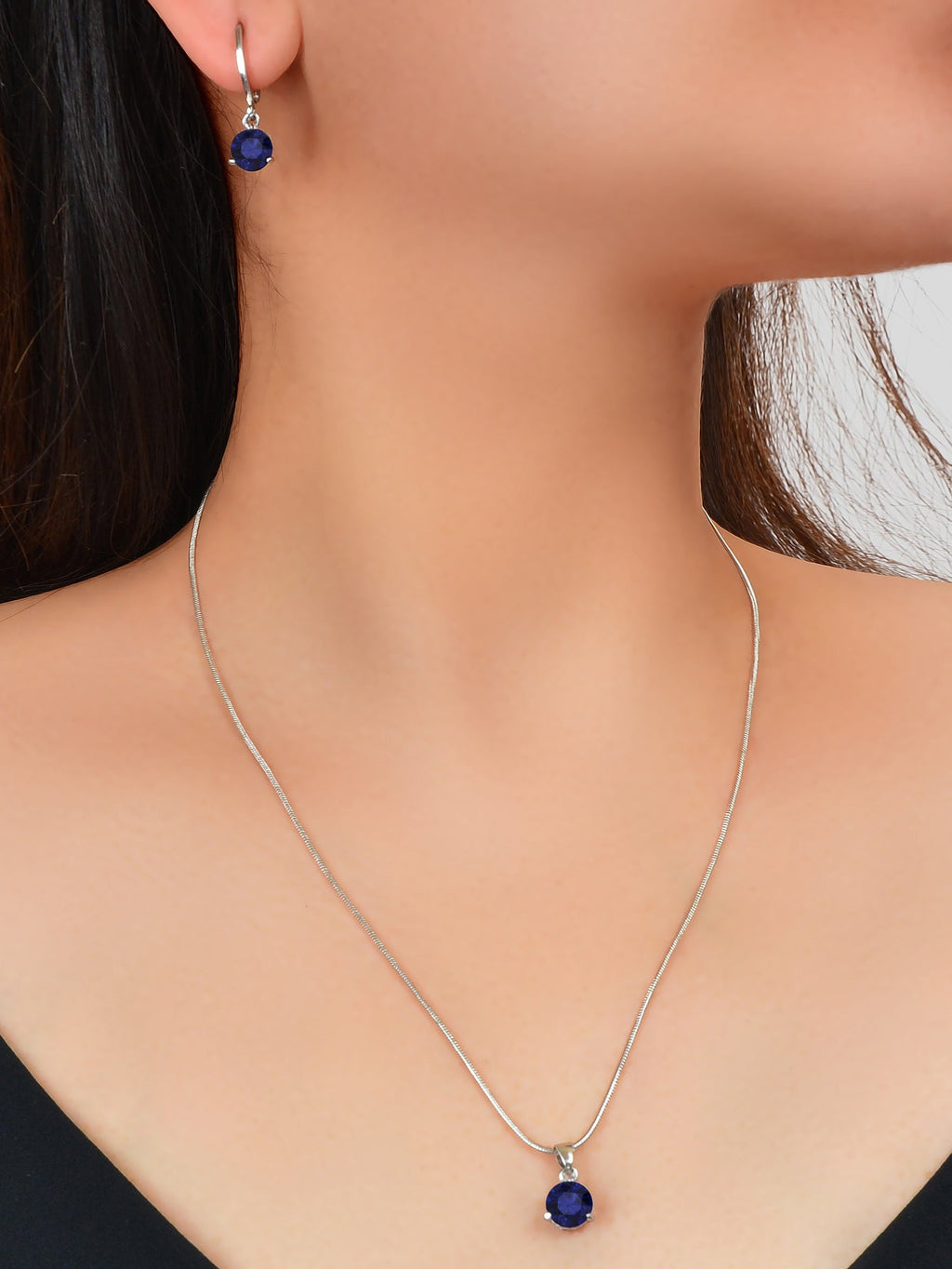 Round Navey Blue Imitation Gem Pendant Necklace Huggie Earrings Jewellery Set-1