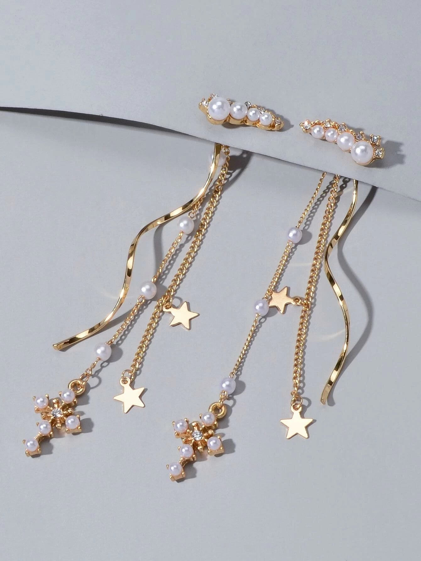 Rhinestone Pearl Gold Star Cross Charm Earrings Ear Jacket Tassel Stud Teen Gift-2