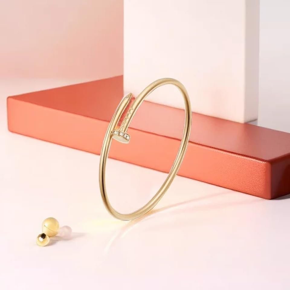 Nail Bracelet with Crystal Oval Design With Cubic Zirconia Love Nail Bangles For Women Girl(Color Gold, Yellow Gold)