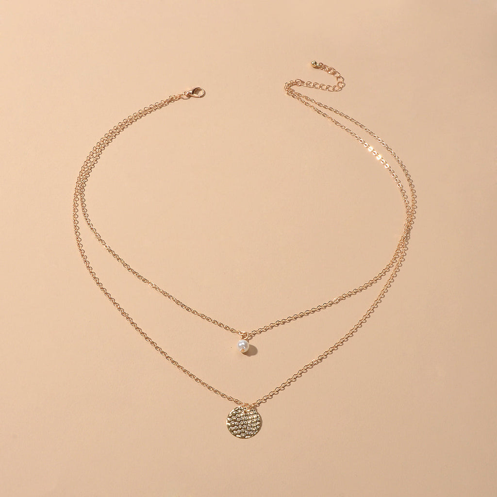 Female Layered Gold Chain Pearl Round Disc Pendant Necklace Party Accessories-2