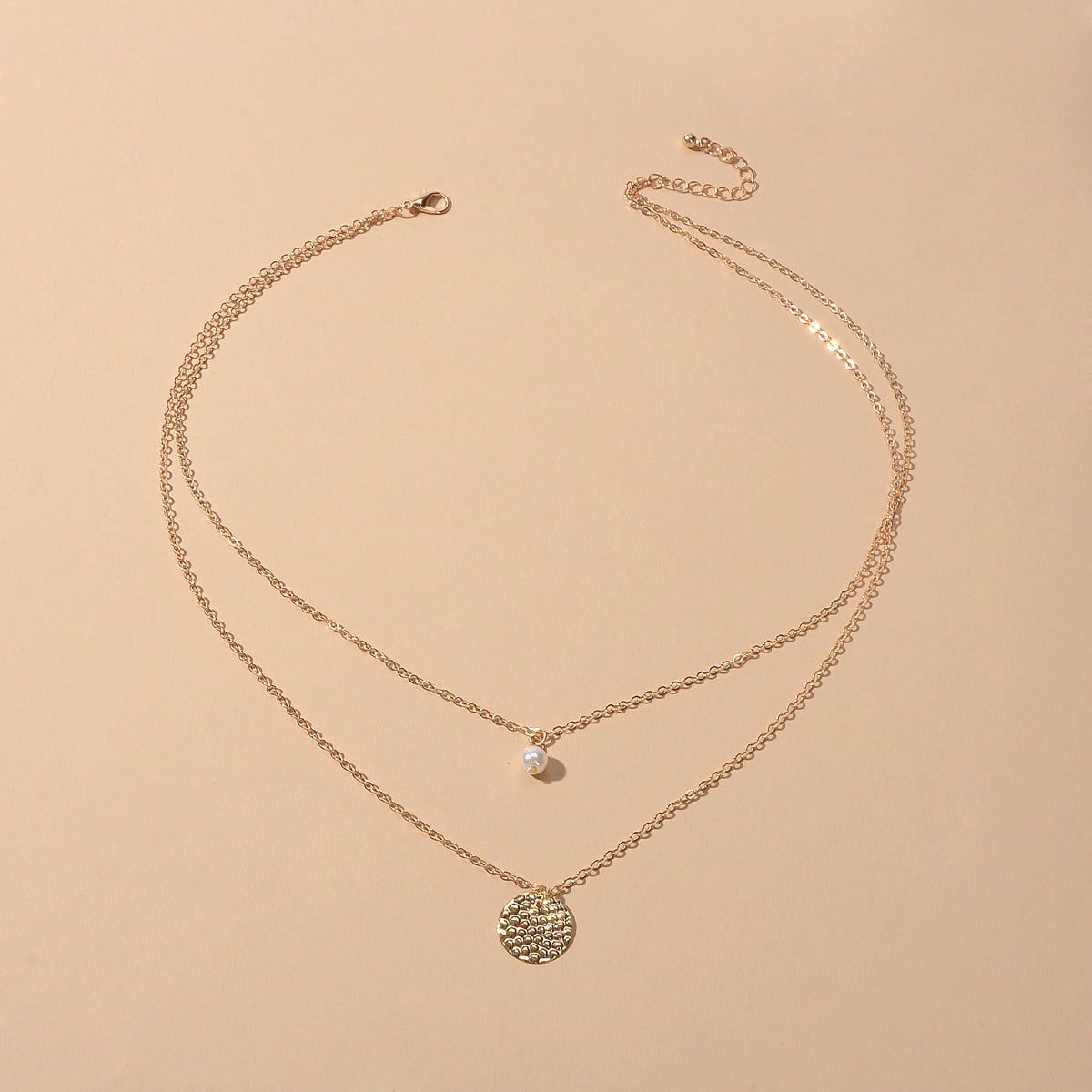 Female Layered Gold Chain Pearl Round Disc Pendant Necklace Party Accessories-2