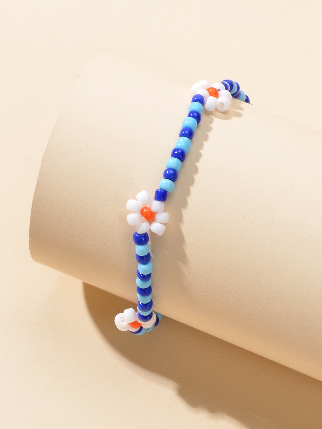 Ethnic Chic Handmade Blue Seed Beads White Flower Friendship Collection Bracelet-2