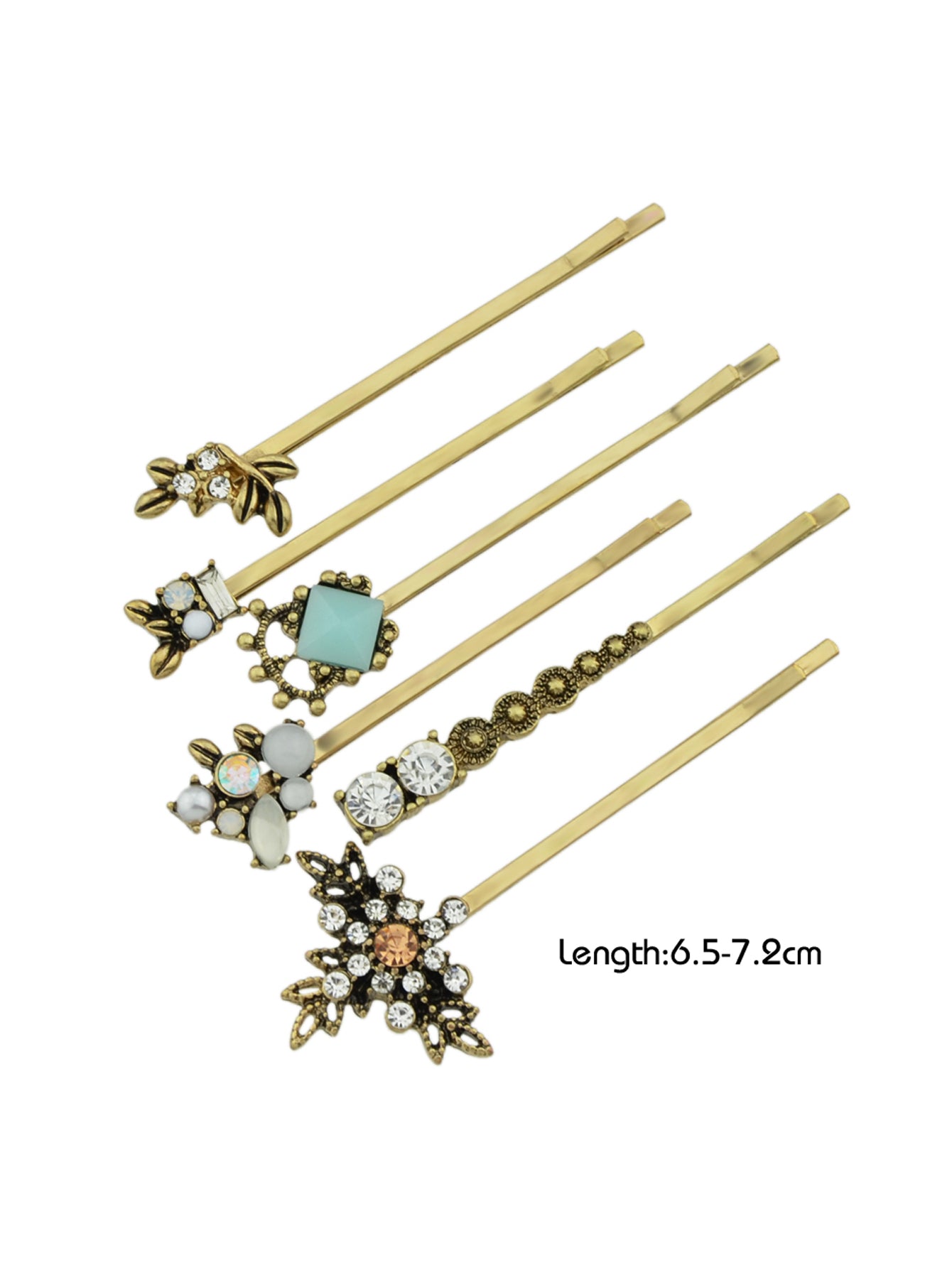6 pcs Hair Accessories Ethnic Antique Gold Rhinestone Leaf Barrettes Hair Clips-2