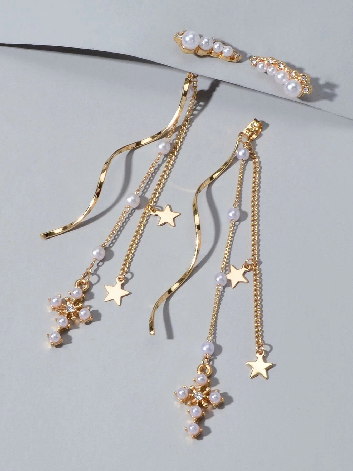Rhinestone Pearl Gold Star Cross Charm Earrings Ear Jacket Tassel Stud Teen Gift-3