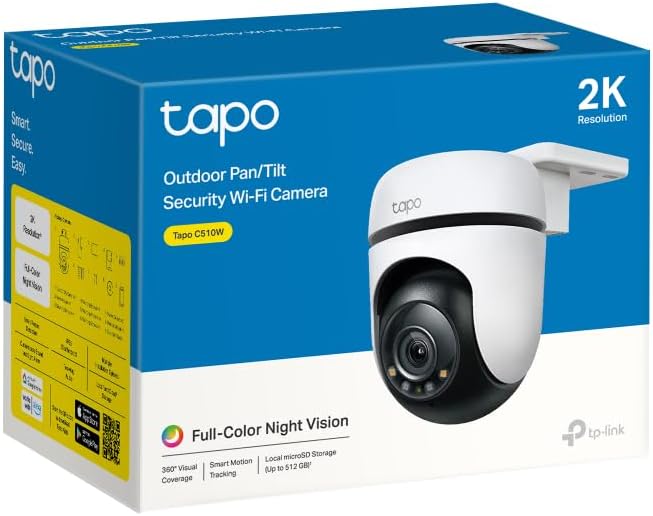 Tapo TP-Link Outdoor Security Wi-Fi Camera, Wireless, 2K, Full-Colour Night Vision, 24/7, 360°, Free AI Tracking, Smart Motion Detection, IP65, Sound & Light Alarm, microSD Card Slot (Tapo C510W)