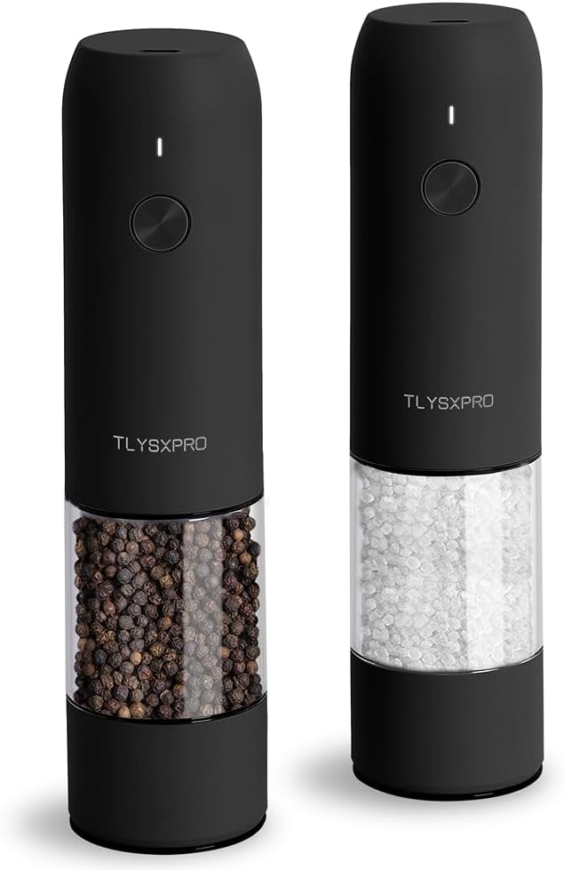 Electric Salt and Pepper Grinder Set, USB Rechargeable, Automatic Salt and Pepper Mill with Adjustable Coarseness, Electric Pepper Shakers, LED Light, Refillable, Kitchen Gadgets (2 Packs, Black)