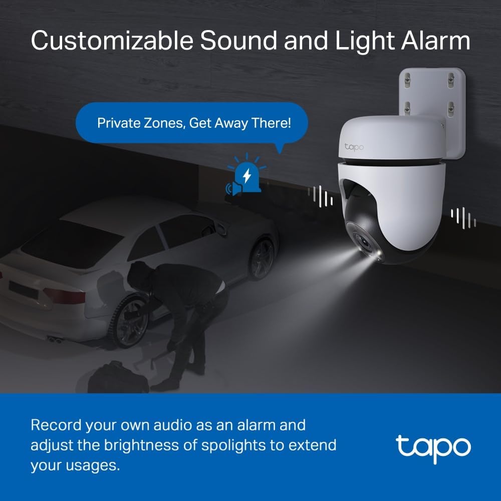 Tapo TP-Link Outdoor Security Wi-Fi Camera, Wireless, 2K, Full-Colour Night Vision, 24/7, 360°, Free AI Tracking, Smart Motion Detection, IP65, Sound & Light Alarm, microSD Card Slot (Tapo C510W)