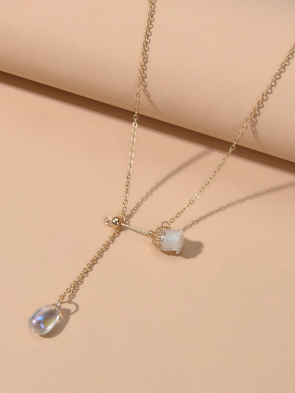 Elegant Jewellery Gold Chain Acrylic Water Drop Beads Flower Charm Y Necklace-3