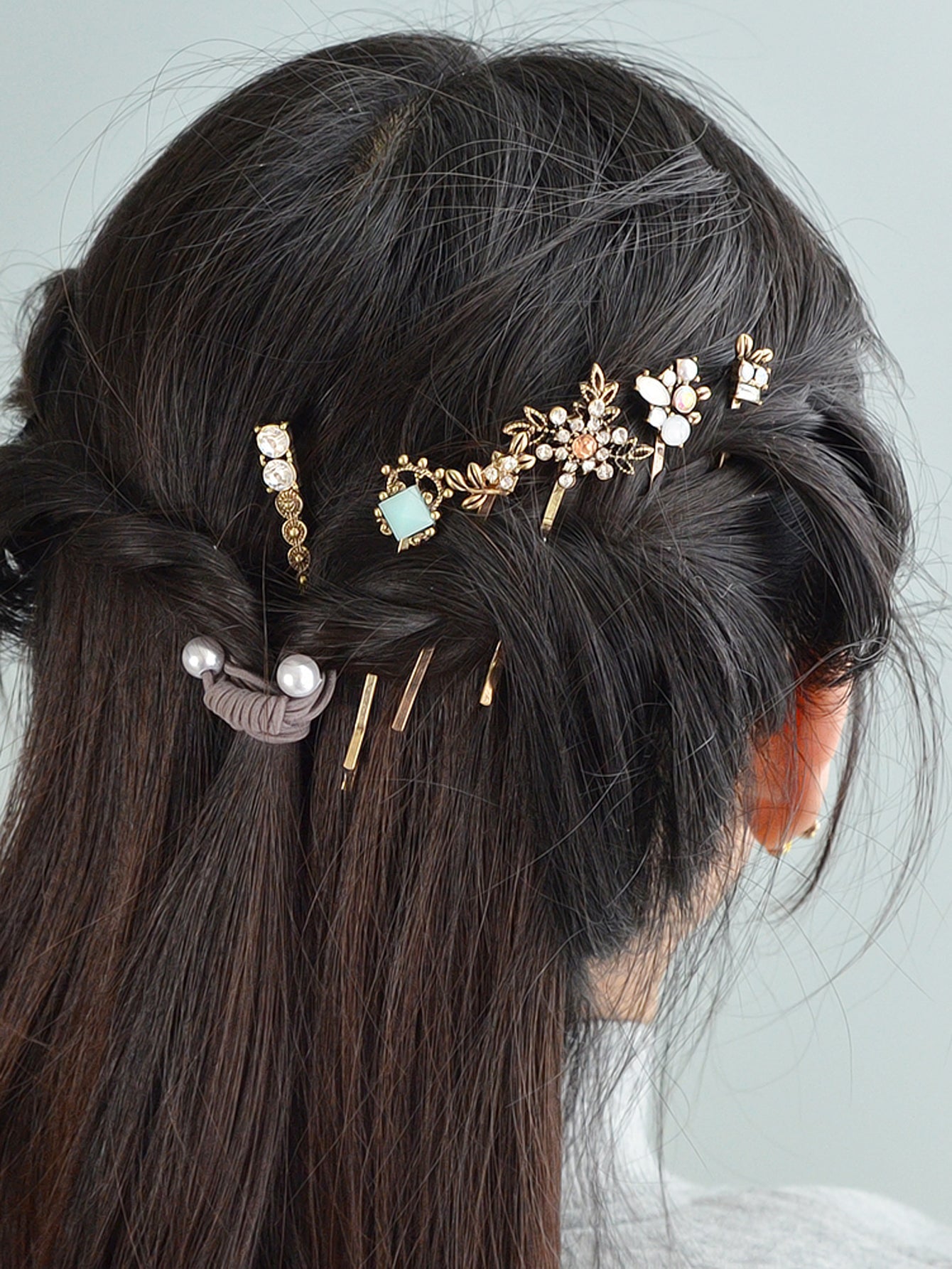 6 pcs Hair Accessories Ethnic Antique Gold Rhinestone Leaf Barrettes Hair Clips-3