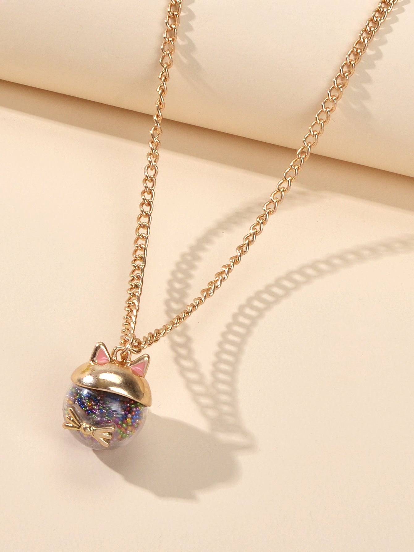 Lovely Gold Chain Colorful Beads Cat Ball Pendant Necklace Dainty Gift for Women-3