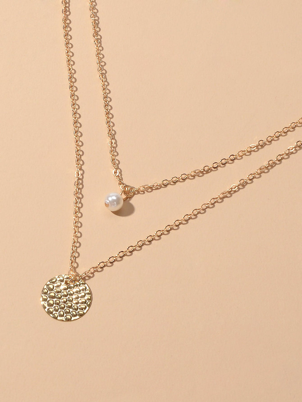 Female Layered Gold Chain Pearl Round Disc Pendant Necklace Party Accessories-3