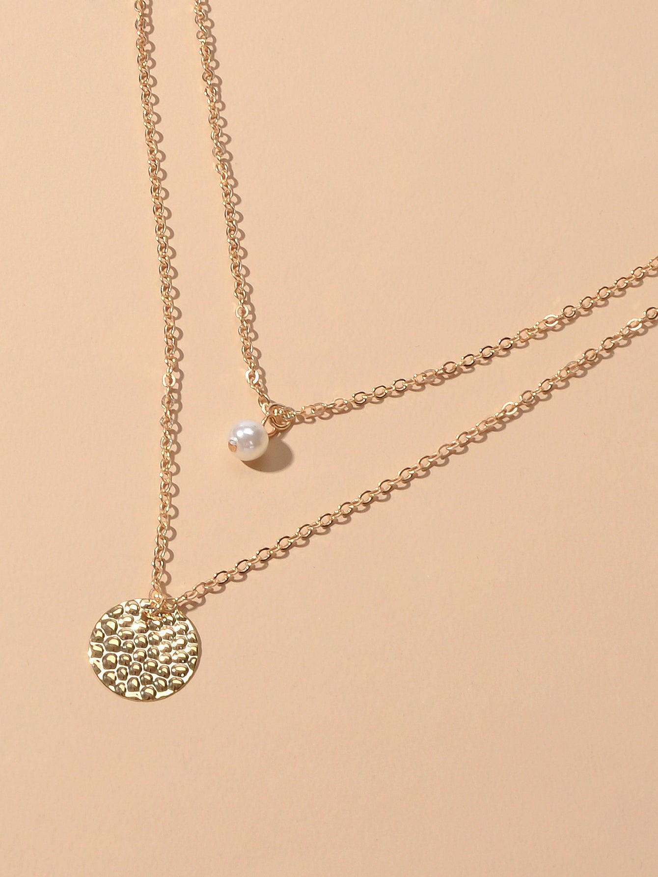 Female Layered Gold Chain Pearl Round Disc Pendant Necklace Party Accessories-3