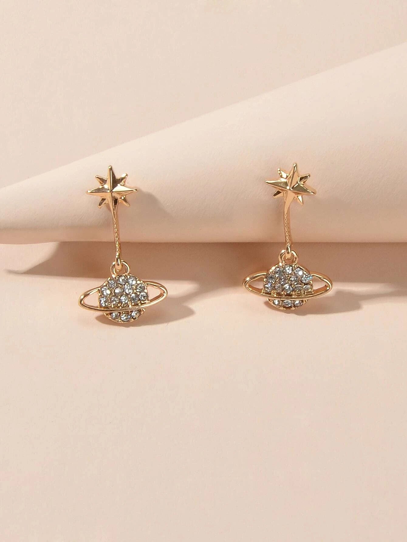 New Designer Rhinestone Gold Silver Planet Star Stud Pierced Earrings Ear Jacket-3