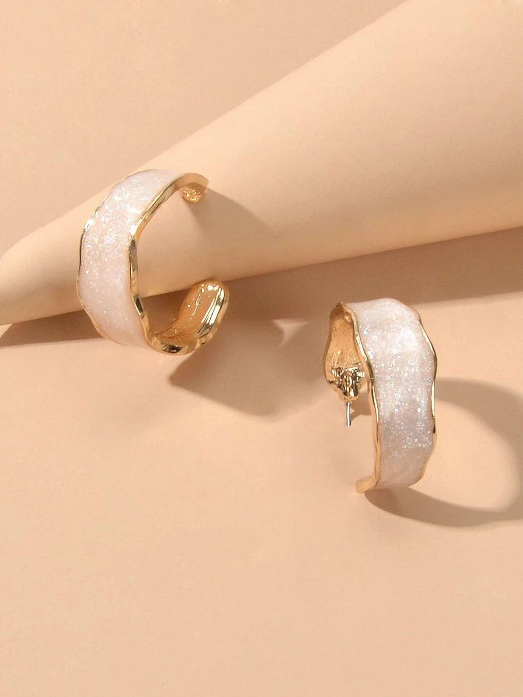 Pink Enamel Circle Shining Hoop Earrings C Shape Stud Teens Textured Jewellery-3