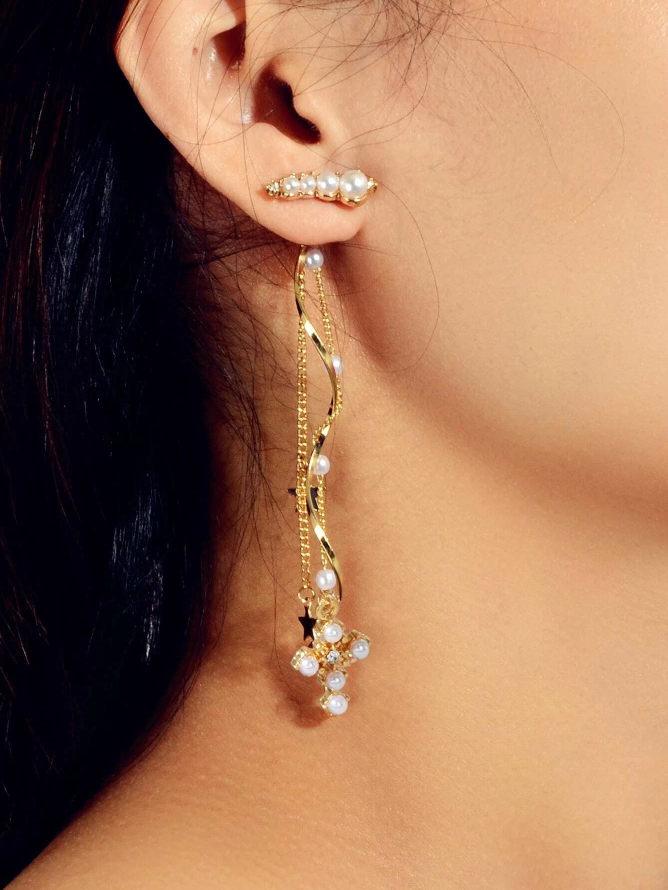 Rhinestone Pearl Gold Star Cross Charm Earrings Ear Jacket Tassel Stud Teen Gift-0