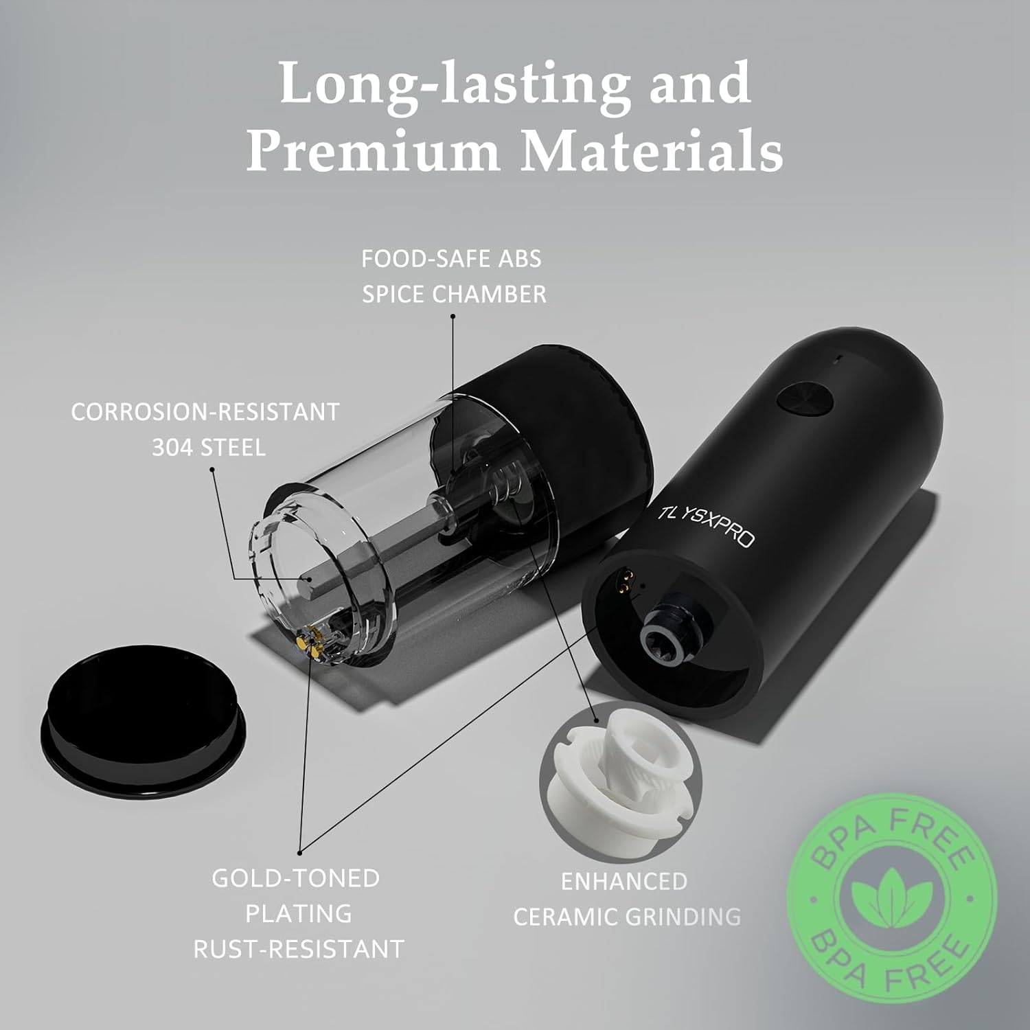 Electric Salt and Pepper Grinder Set, USB Rechargeable, Automatic Salt and Pepper Mill with Adjustable Coarseness, Electric Pepper Shakers, LED Light, Refillable, Kitchen Gadgets (2 Packs, Black)