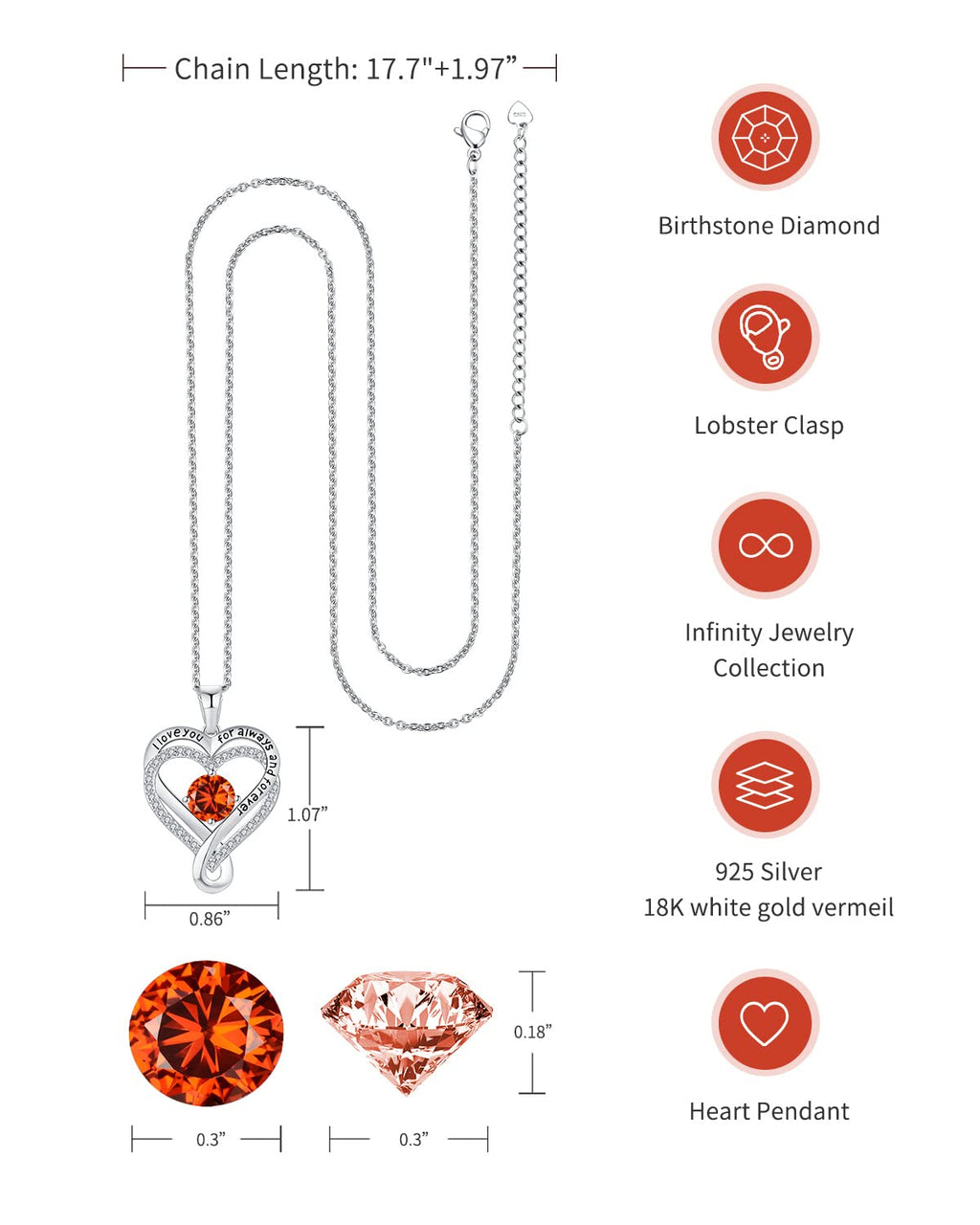 Jewelry for Women Wife Infinity Heart Birthstone I Love You Necklace S925 Anniversary Women Necklaces for Her Wife Birthday Gift Ideas, Birthday Present for Girlfriend Mom Daughter Sterling Silver