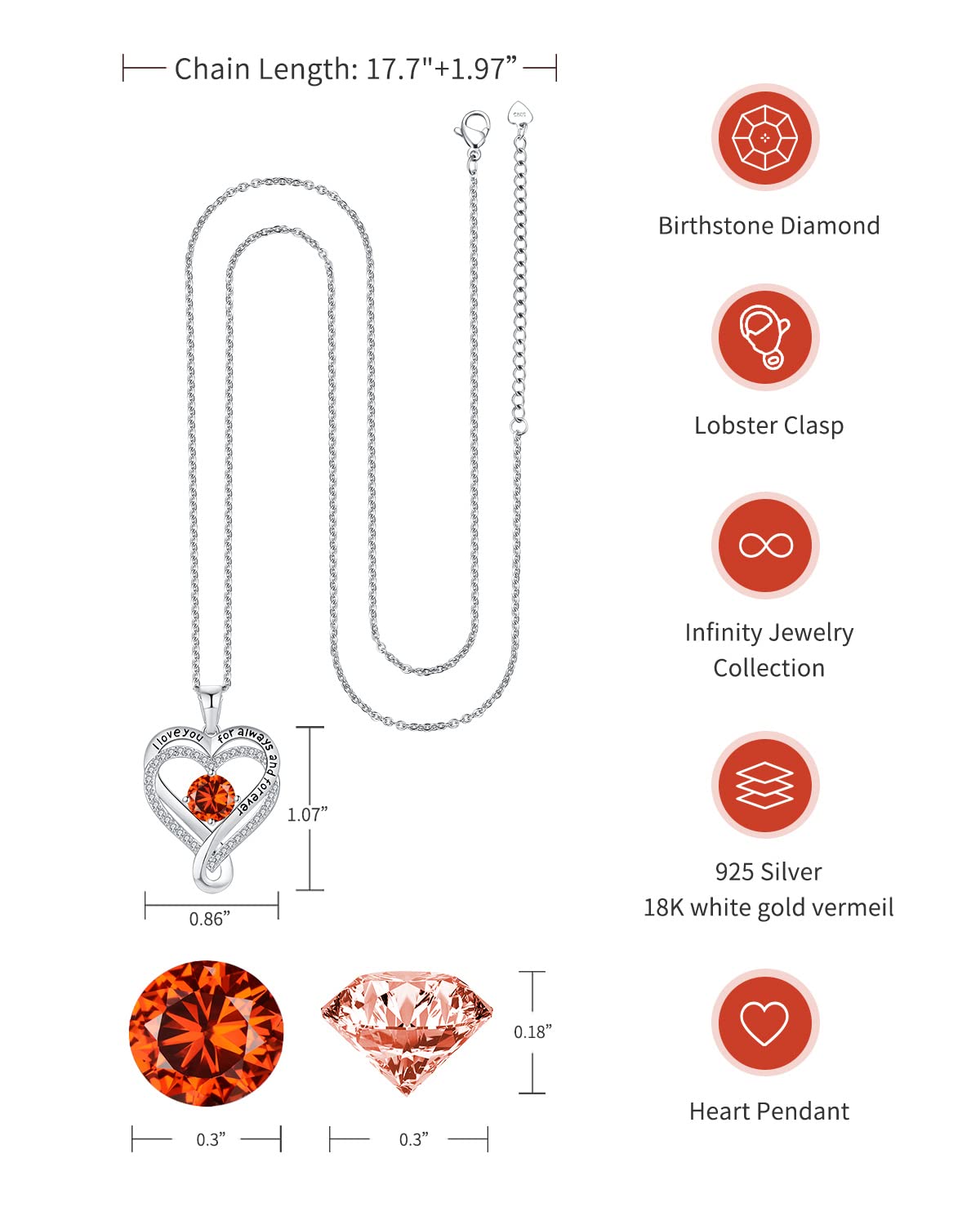 Jewelry for Women Wife Infinity Heart Birthstone I Love You Necklace S925 Anniversary Women Necklaces for Her Wife Birthday Gift Ideas, Birthday Present for Girlfriend Mom Daughter Sterling Silver