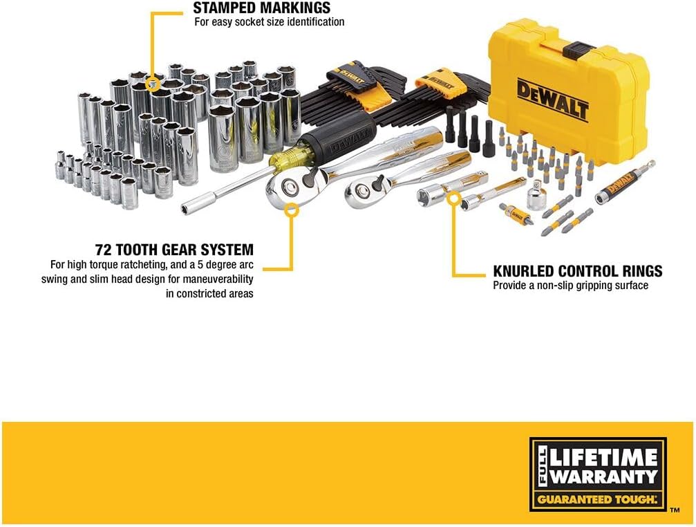 DEWALT Mechanics Tools Kit and Socket Set, 1/4" & 3/8" Drive, SAE, 108-Piece (DWMT73801)