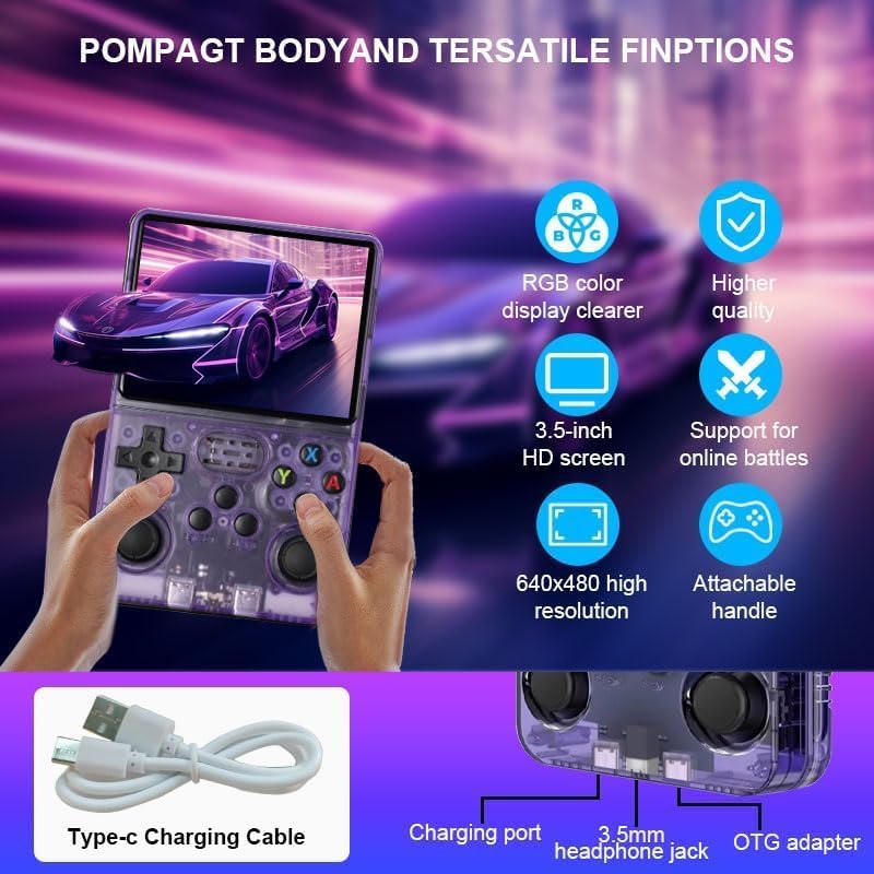 R36s Retro Gaming Console 3.5 Inch 21000+ Games Retro Handheld Game Console, Video Game Console with Dual Stylem Linux/Garlic Supports & Dual 3D Joysticks -128G -Purple