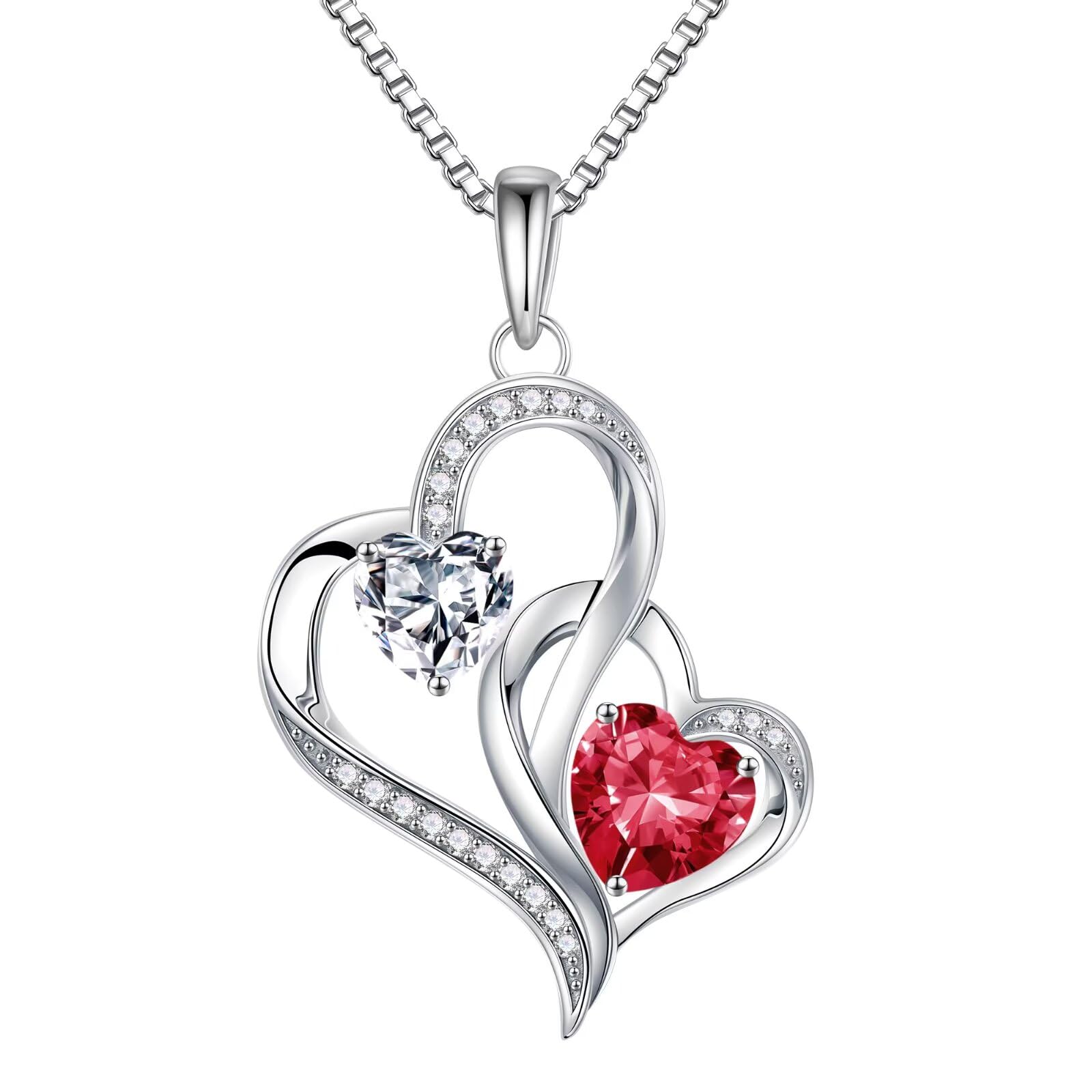 Iefil Christmas Gifts for Women - Double Heart Birthstone Necklace, 925 Sterling Silver Heart Pendant Necklace, Anniversary Birthday Gifts for Women | Personalized Jewelry Gift for Wife Mom Girlfriend