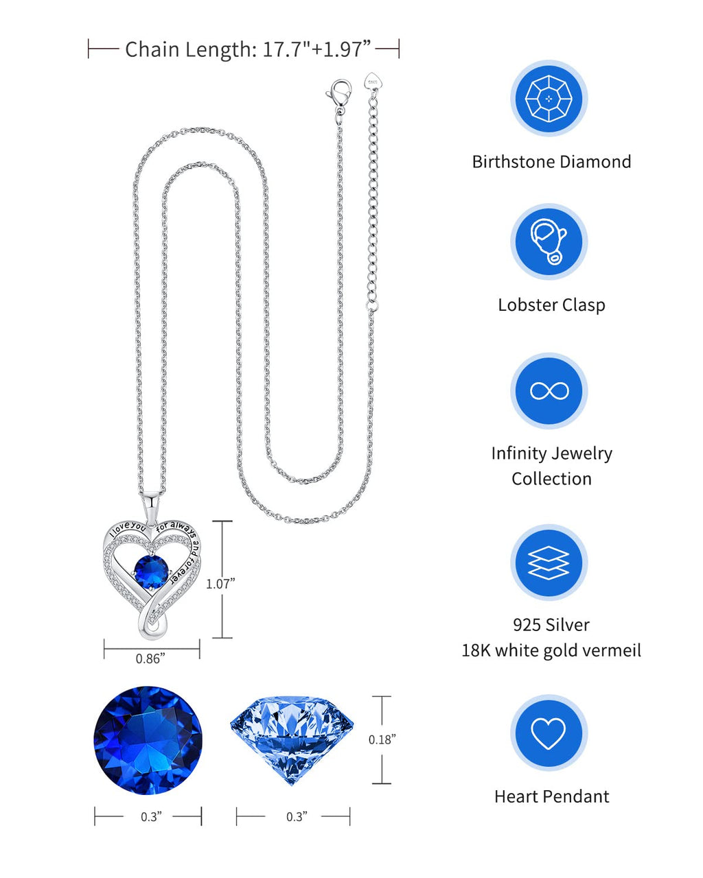 Jewelry for Women Wife Infinity Heart Birthstone I Love You Necklace S925 Anniversary Women Necklaces for Her Wife Birthday Gift Ideas, Birthday Present for Girlfriend Mom Daughter Sterling Silver