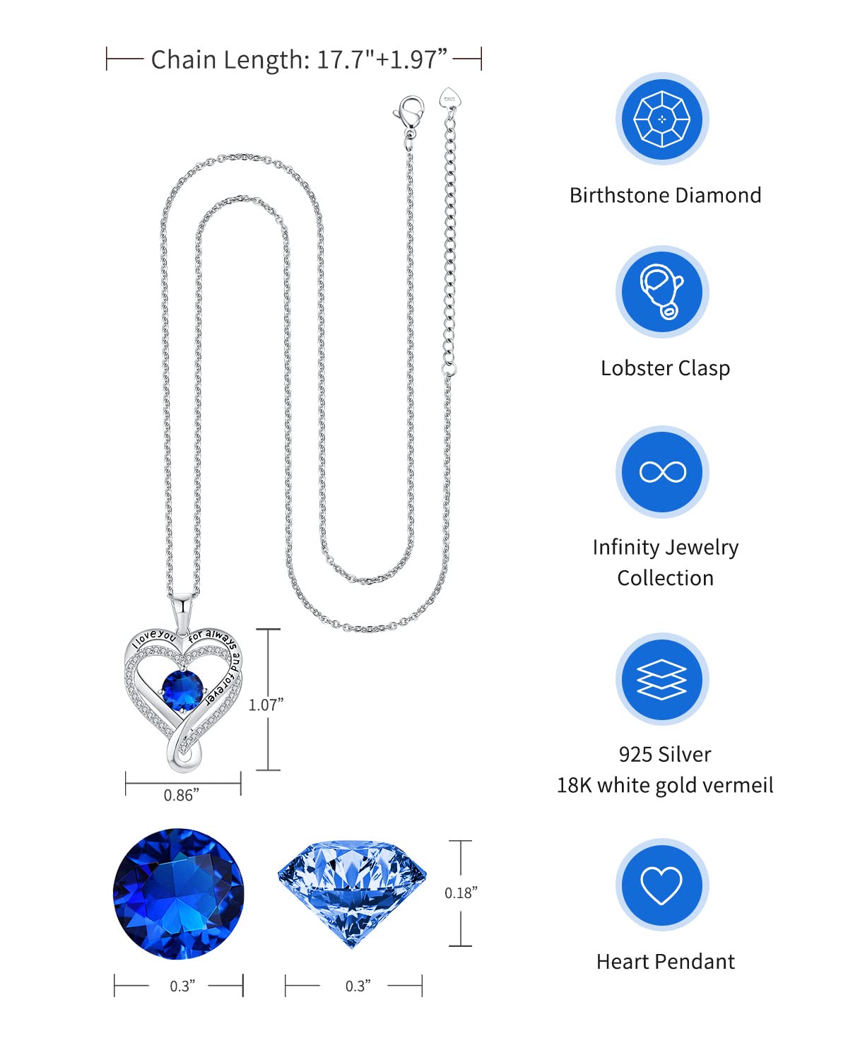 Jewelry for Women Wife Infinity Heart Birthstone I Love You Necklace S925 Anniversary Women Necklaces for Her Wife Birthday Gift Ideas, Birthday Present for Girlfriend Mom Daughter Sterling Silver