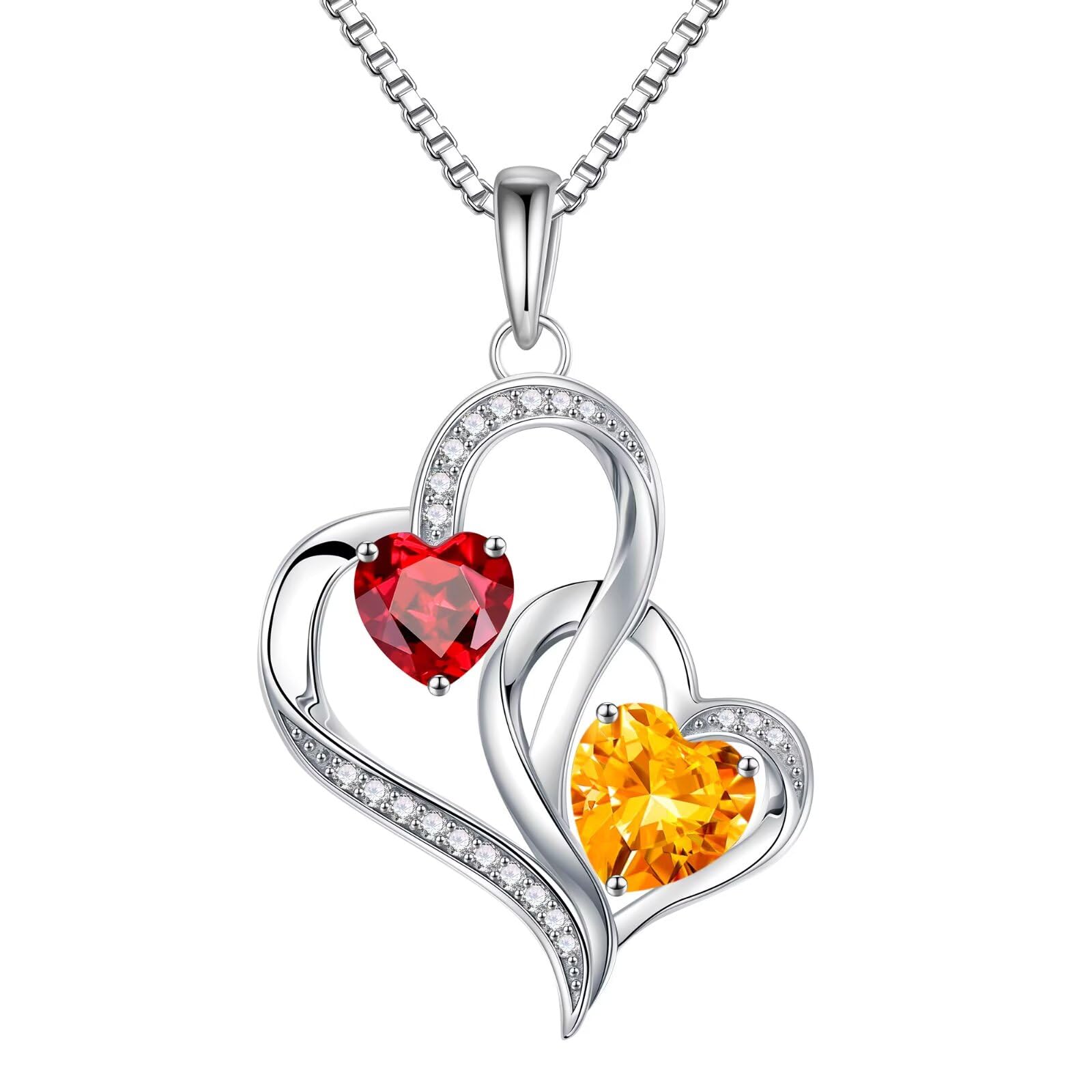 Iefil Christmas Gifts for Women - Double Heart Birthstone Necklace, 925 Sterling Silver Heart Pendant Necklace, Anniversary Birthday Gifts for Women | Personalized Jewelry Gift for Wife Mom Girlfriend