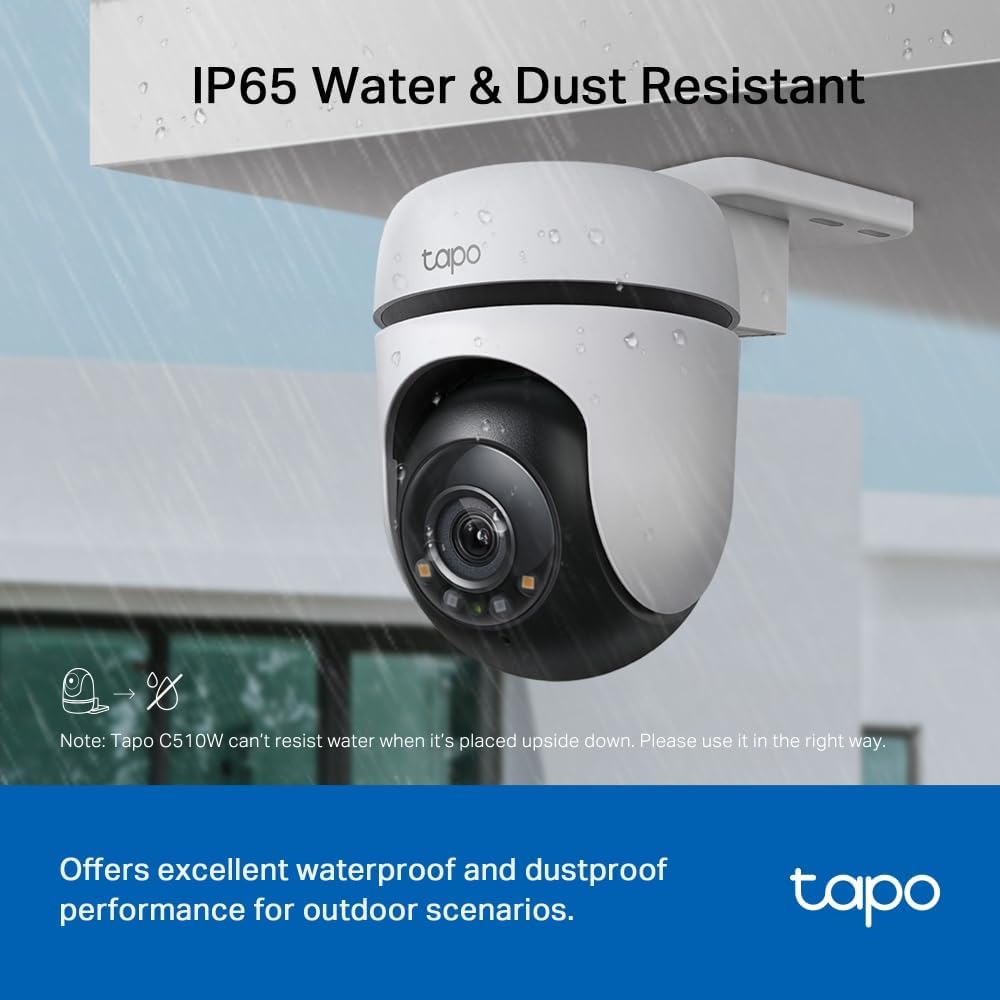 Tapo TP-Link Outdoor Security Wi-Fi Camera, Wireless, 2K, Full-Colour Night Vision, 24/7, 360°, Free AI Tracking, Smart Motion Detection, IP65, Sound & Light Alarm, microSD Card Slot (Tapo C510W)