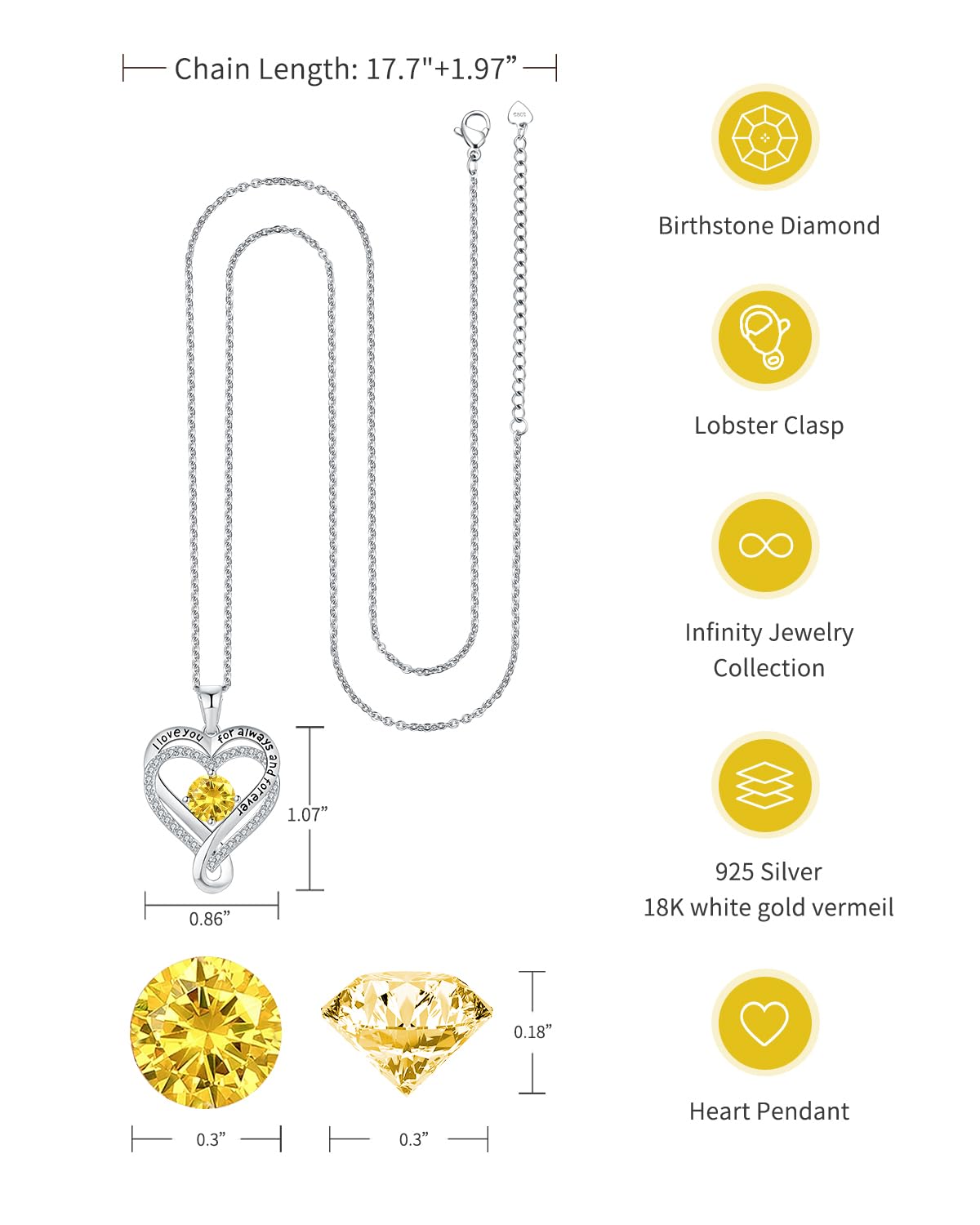 Jewelry for Women Wife Infinity Heart Birthstone I Love You Necklace S925 Anniversary Women Necklaces for Her Wife Birthday Gift Ideas, Birthday Present for Girlfriend Mom Daughter Sterling Silver