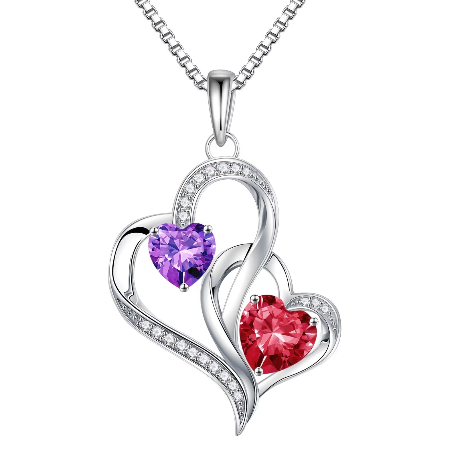 Iefil Christmas Gifts for Women - Double Heart Birthstone Necklace, 925 Sterling Silver Heart Pendant Necklace, Anniversary Birthday Gifts for Women | Personalized Jewelry Gift for Wife Mom Girlfriend