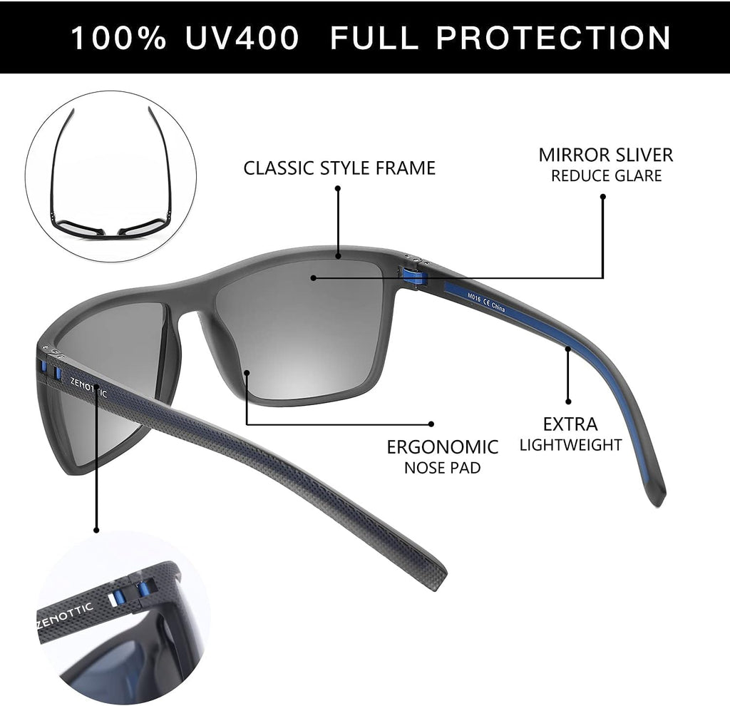 ZENOTTIC Polarized Sunglasses for Men Lightweight TR90 Frame UV400 Protection Square Sun Glasses